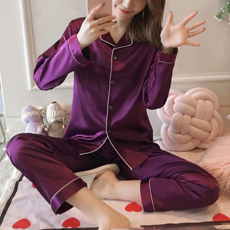 Female Homewear Autumn Spring Women Sleepwear 2 Piece Faux Silk Satin Pajamas Set Long Sleeve Top + Pants Suit | Женская одежда