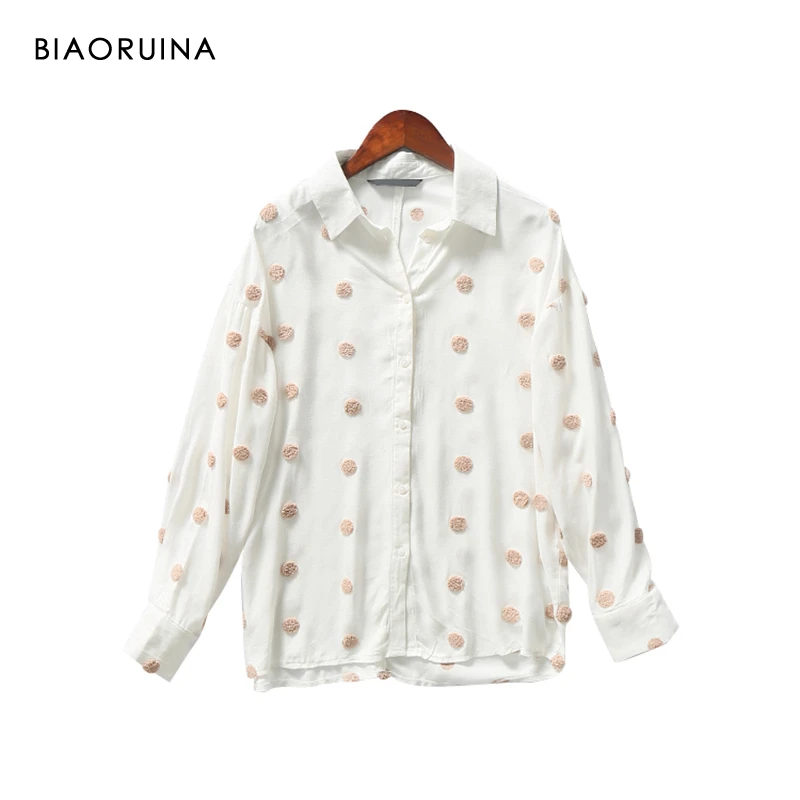 

BIAORUINA Women's Polka Dot Embroidery Casual Single Breasted Shirt Female Fashion Loose All-match Shirt Sweet Blouse Tops