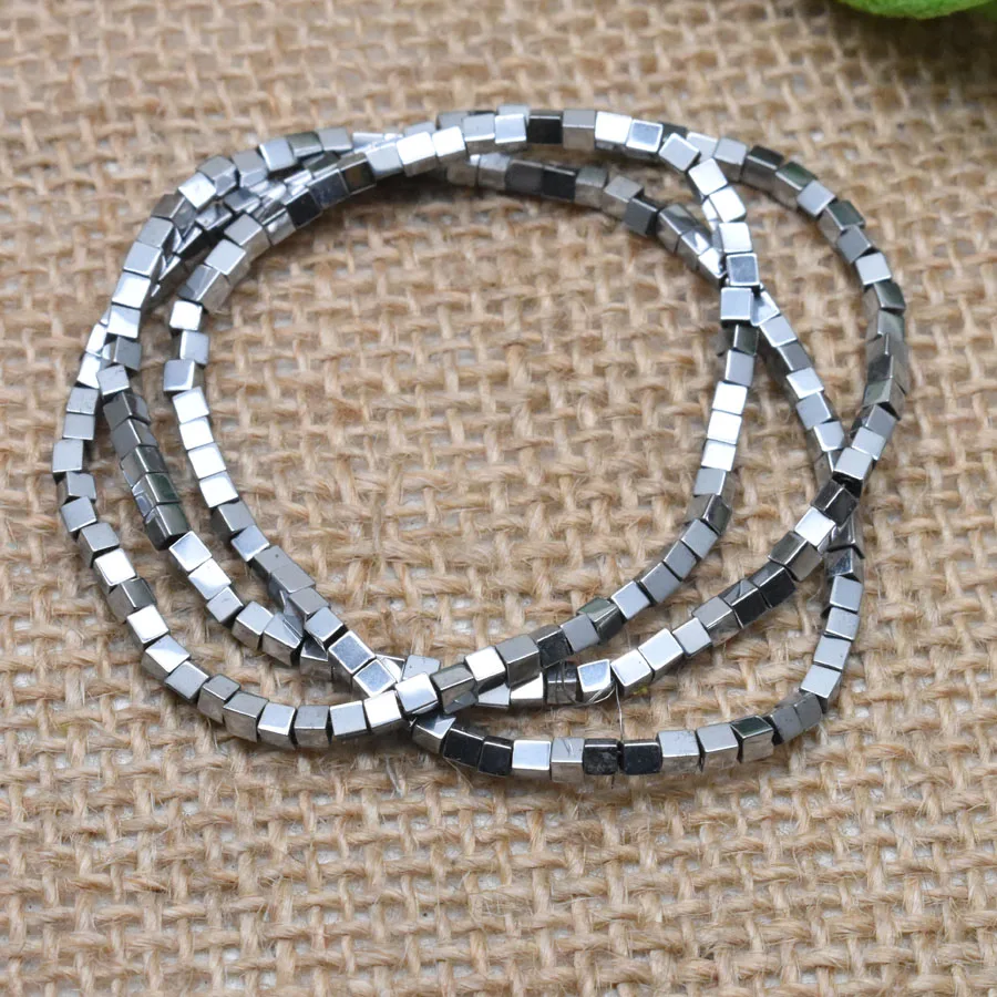 2/3/4mm Gold/Silver Color Plating Coated Natural Stone Hematite Cube Square Loose Spacer Beads For Diy Jewelry Marking 15" - Цвет: 4-Silver