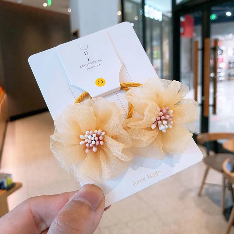 Oaoleer 2PCS/Set Novelty Net Yarn Flowers Elastic Hair Bands for Children Hair Circle Girl Hair Rope Rubber Band Ponytail Tie