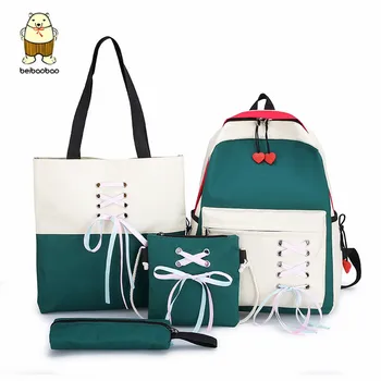 

Student Backpack Tote Bag Contrast color Shoulder Bag Large Capacity Bag Cross Body School Bag Pencil Case 4 Piece Suit