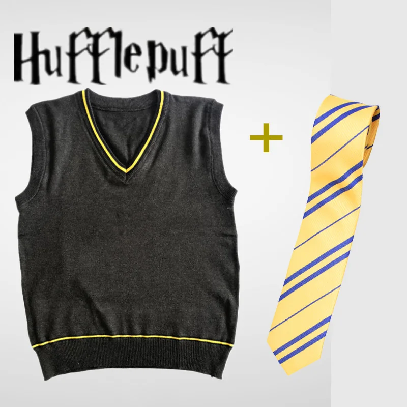 Hufflepuff with Tie Гермиона Косплей Гриффиндор Слизерин Ravenclaw Hufflepuff свитер с галстуком жилет универсальная повседневная одежда костюмы Поттера - Цвет: Hufflepuff with Tie