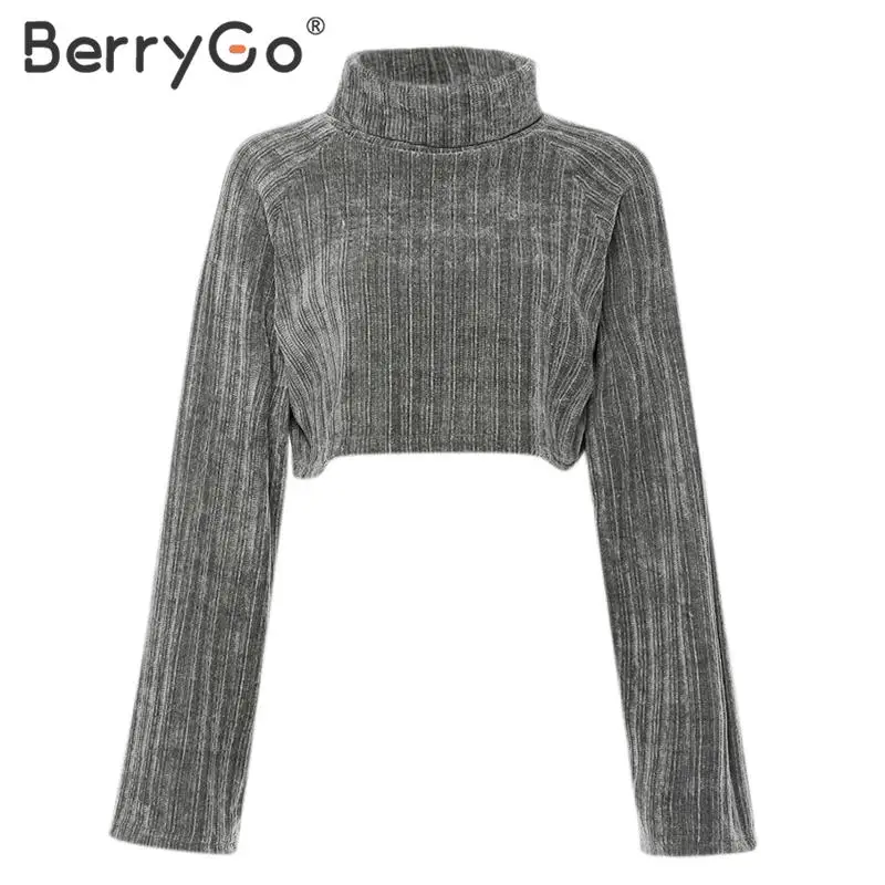 BerryGo, водолазка, укороченная толстовка, толстовки, женская мода, женские пуловеры с длинным рукавом, Осень-зима, женские вязаные топы, рубашка