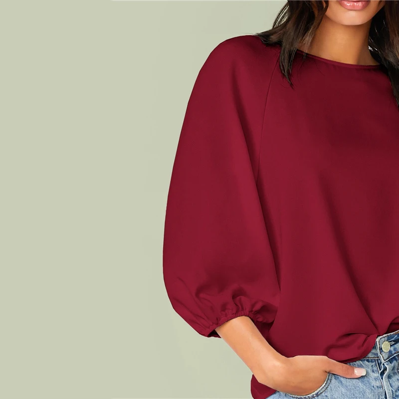 Sheinside Casual Burgundy Lantern Sleeve Blouse Women Autumn 3/4 Sleeve Blouses Ladies Solid Minimalist Raglan Sleeve Top