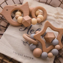 Juguetes de madera para bebé, pulseras de animales, mordedor de haya, cuentas de silicona, sonajeros de madera para dentición, regalo de lactancia para recién nacido