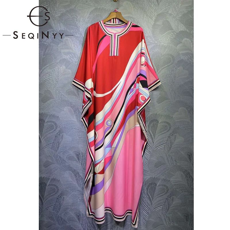 SEQINYY Red Boho Dress Elegant Long Art Print 2020 Spring Autumn New Fashion Design Women Loose Batwing Sleeve Runway