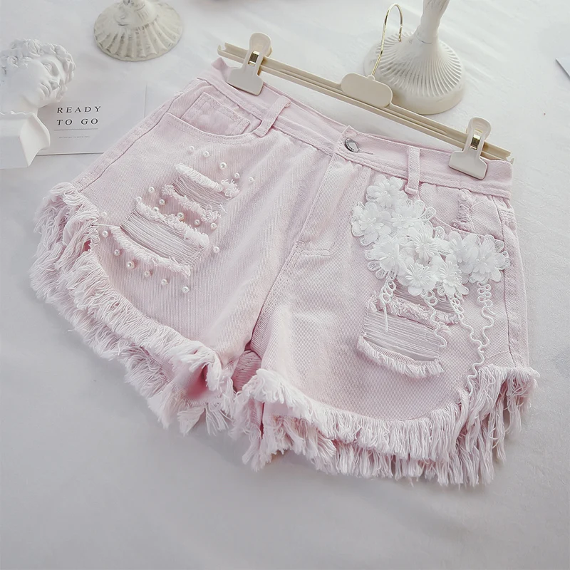 

White Pink Denim Shorts Woman Beads Stereo Flower with Holes Shorts 2020 Summer New Hot Pants Ropa De Mujer Spodenki Damskie