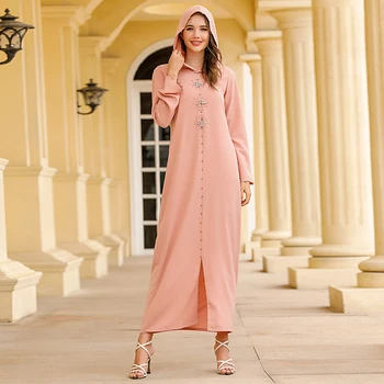 

Siskakia Morocco Crystal Diamond Bead Hooded Dress Ethnic Solid Long Sleeve maxi Dresses Loose Arab Dubai Muslim Oman Clothing