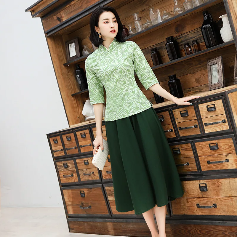 С цветочным принтом для молодых леди Qipao атласные платья 2 шт. костюм Китайский традиционный Cheongsam Повседневное платье Вечеринка Vestidos