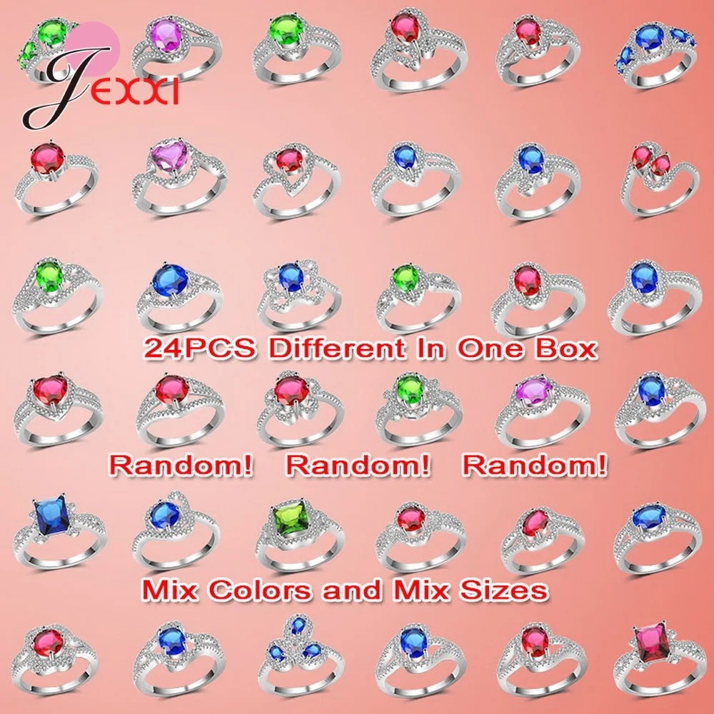

New Trendy Genuine 925 Sterling Silver Rings For Women Girls Birthday 24 Pcs In One Parcel Random Style Random Color Random Size