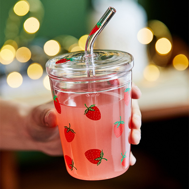 Strawberry Glass Cup with Straw