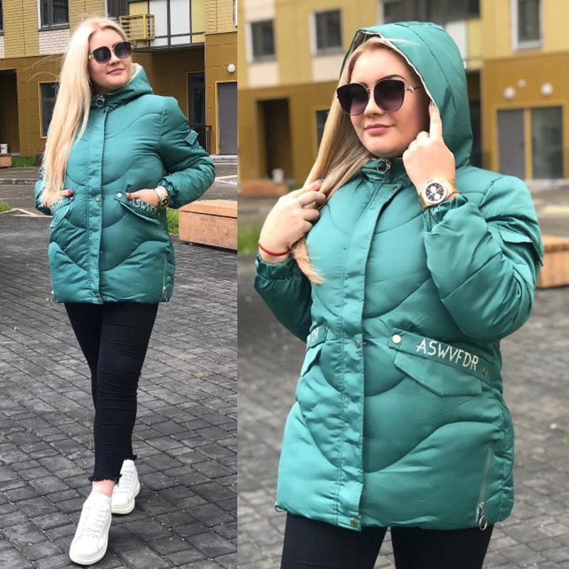 green Voobuyla зимняя куртка с капюшоном Женская модная однотонная женская пуховая куртка с буквенным принтом плюс размер 3XL парка Mujer хлопковая парка - Цвет: green