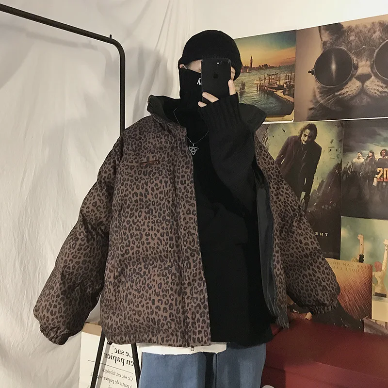 Winter Thick Leopard Jacket Men's Warm Fashion Parka Men Printing Casual Stand Collar Coat Man Loose Cotton Jacket Male Clothes