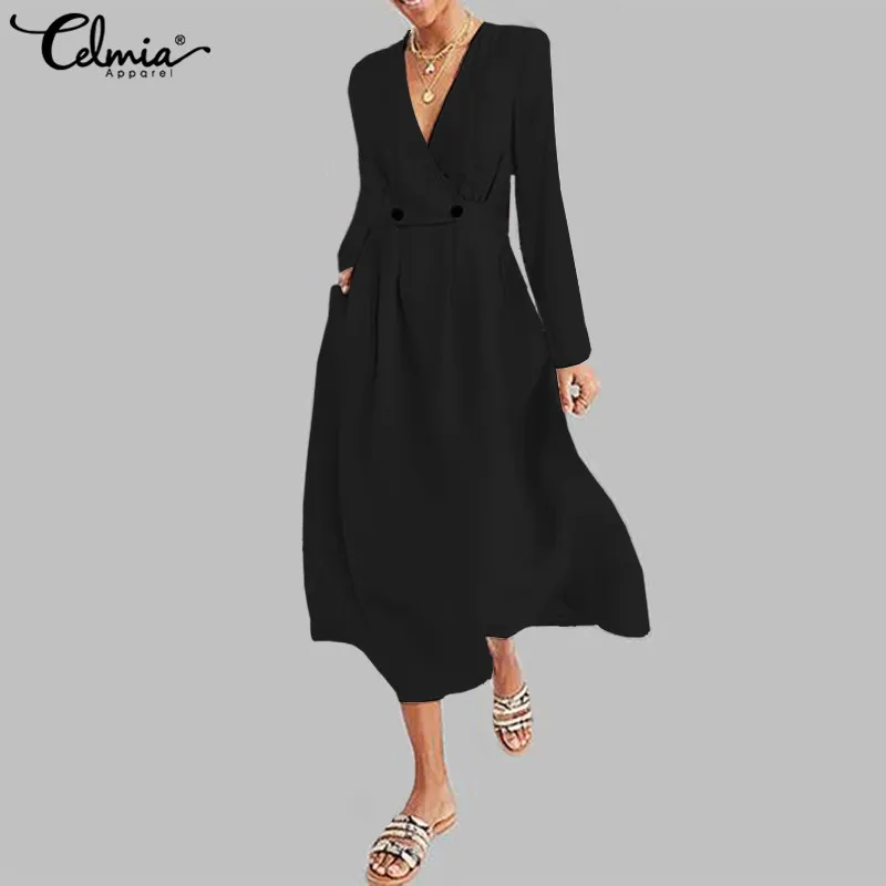 

Women Casual Solid Dress Celmia 2019 Autumn Sexy Deep V neck Long Sleeve Pleated Party Dresses Plus Size Elegant Vestidos 5XL 7