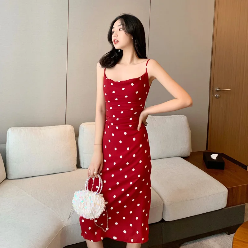 

NNS Boutique Dotted Commuting Camisole High-waisted One-Piece Sleeveless Polka Dot Dress Black And White with Pattern Retro Wais
