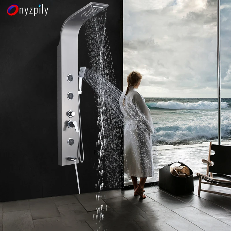 Brushed Faucet Onyzpily душевая панель дождь водопад 5 функций душ струи никель башня система массаж тела струи ручной Shwoer Ванна душевая п - Цвет: Brushed Faucet