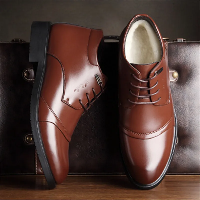 Зимние мужские ботинки на шнуровке высококачественные кожаные плюшевые