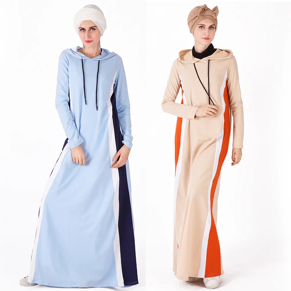 

2020 Muslim Women Hooded Long Sport Dress High quality Contrast Colour Muslim Clothes Loose Dress
