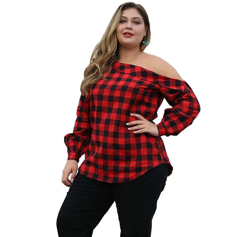 

WHZHM Autum Plaid Sexy Plus Size 3XL 4XL Blouse Ladies Off Shoulder Long Sleeve Loose Femme Cotton Red Skew Collar Shirt Women