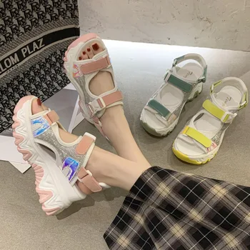 

Women Chunky Platform Sandals Fashion Designers Yellow Mesh 8cm High Wedge Shoes Woman Casual Shoes Brand Summer Sandal 2020