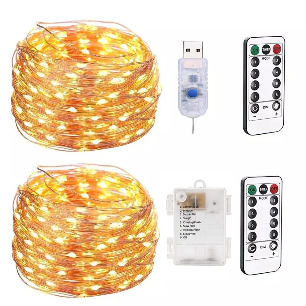 

8 Function Waterproof Remote Control Copper Wire 10M 20M LED String Lights Battery/USB Christmas Wedding Garden Decoration Light