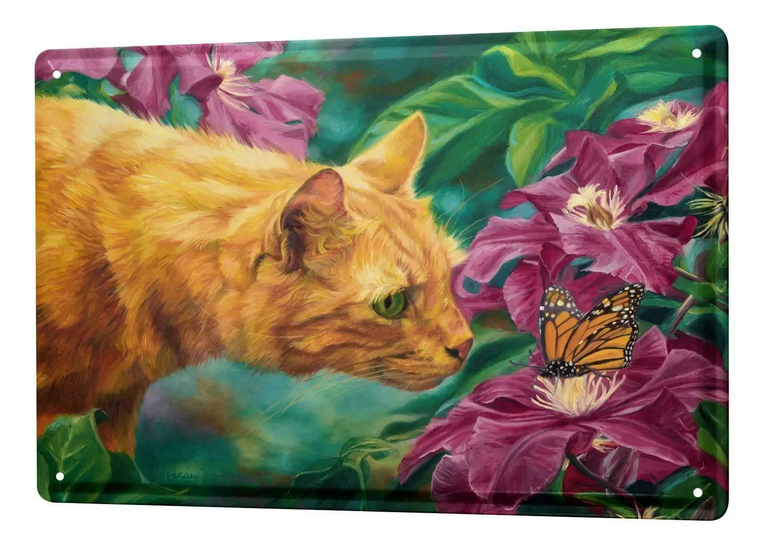 

Tin Sign Cat Cat smelling flower