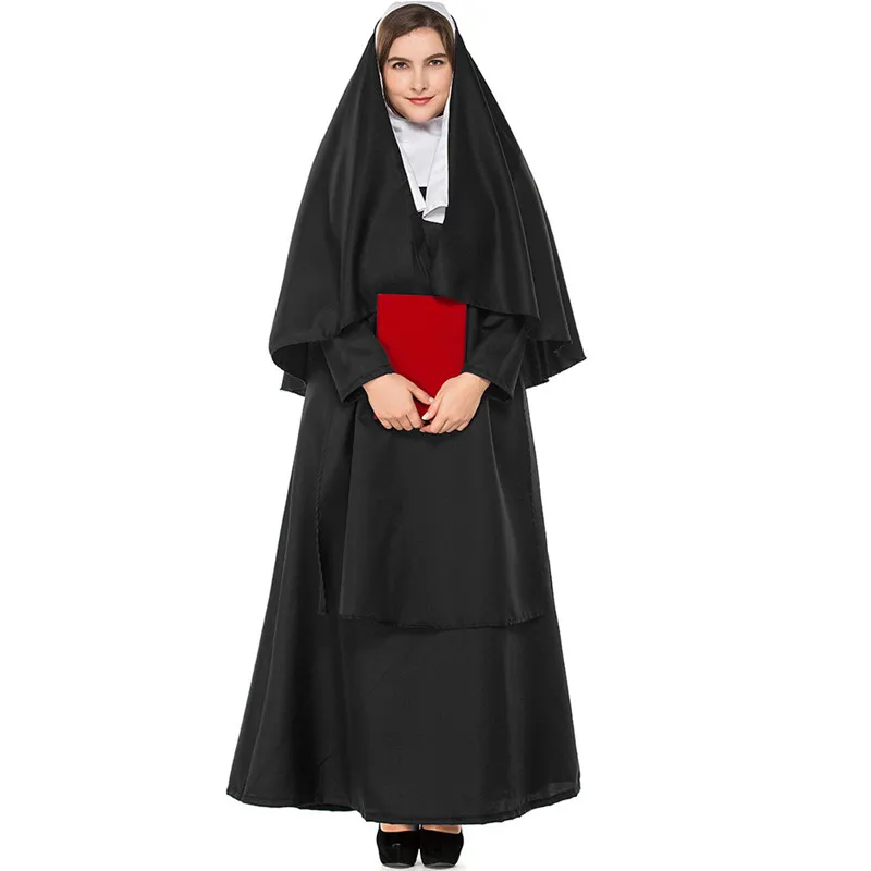 Девы Марии платье одежда Nun Косплей костюмы Длинные черные страшные монашки костюм привидения форма для вечеринки Хэллоуина латекс маска реквизит
