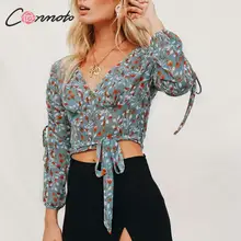 Conmoto Мода Boho печати женские короткие топы и блузка осень винтажные Женские Drawstring фонарь рукав рубашка шифон Blusa