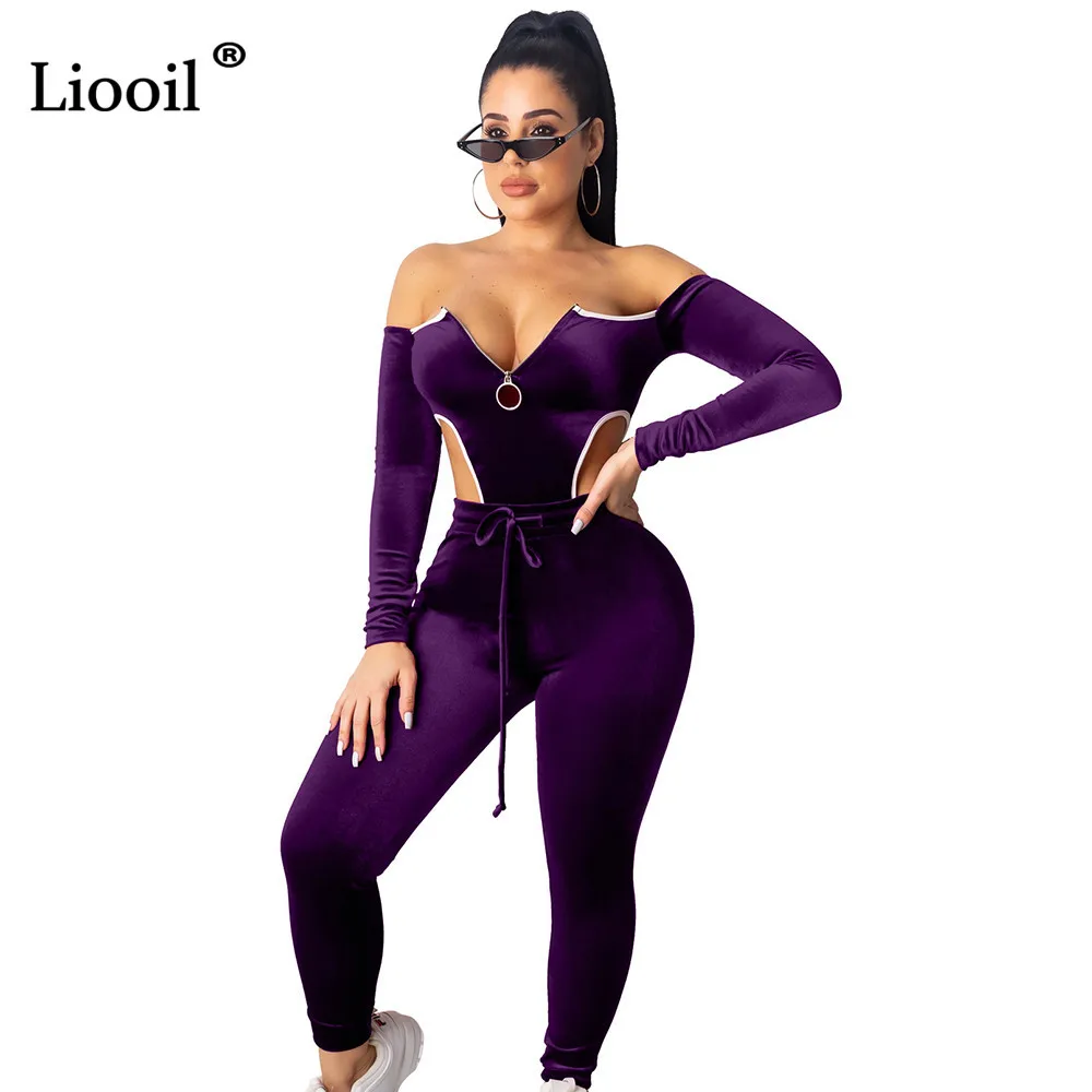 Фиолетовый Liooil Бархатный комплект из двух предметов для ночного клуба, боди с открытыми плечами и штаны, длинные рукава, на молнии, облегающие вечерние костюмы для женщин - Цвет: Фиолетовый