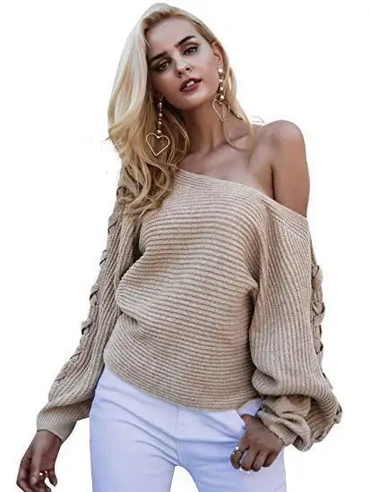 

Quick sell popular off the shoulder sweater shoulder sleeve lace up bat sleeve loose Pullover T-shirt