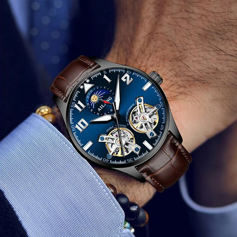 Швейцарские водонепроницаемые Механические мужские повседневные часы с двойным турбийоном, лучший бренд, роскошные кожаные деловые автоматические мужские часы