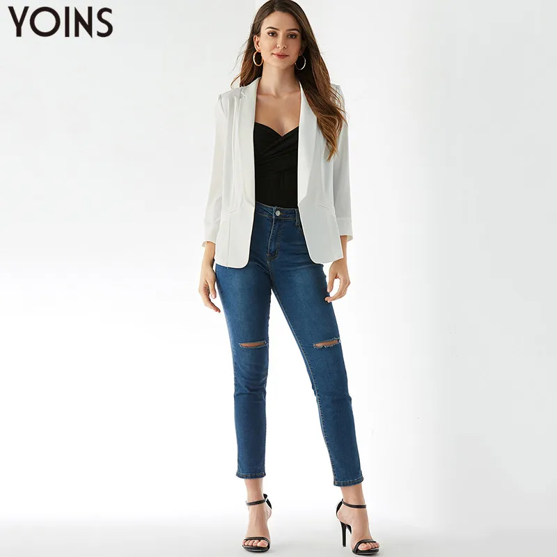 YOINS Autumn Winter Coats& Jackets Women Blazers White Pockets Long Sleeves Opent Front Blazer Office Chic Outwear Femme