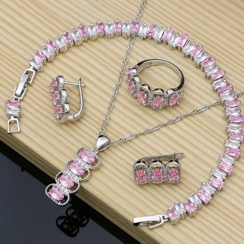 

Romantic Woman 925 Sterling Silver Jewelry Sets Pink Cubic Zirconia Earrings Bracelet Bridal Wedding Set Fashion Gifts for Party