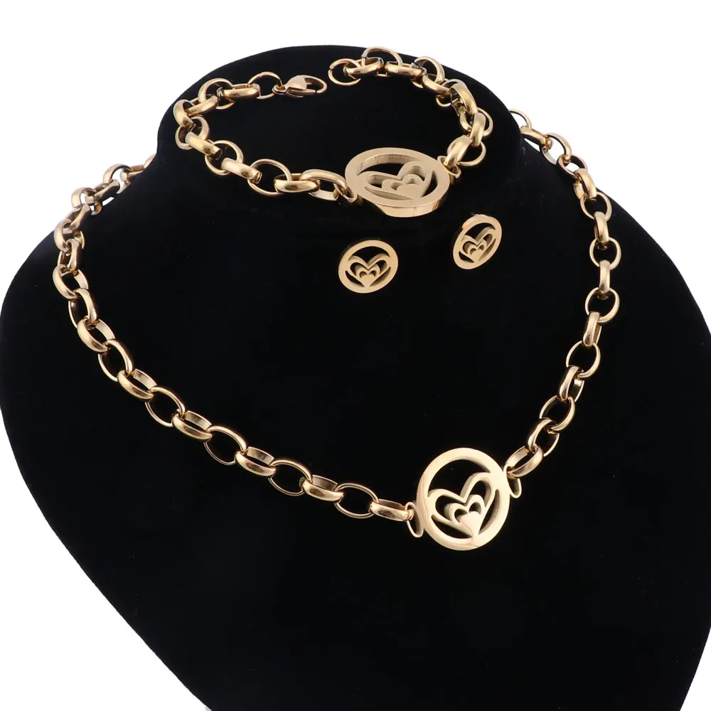 Trendy Women Stainless Steel Heart Necklaces&Pendants Earring Bracelet Wedding Gifts Jewelry Set
