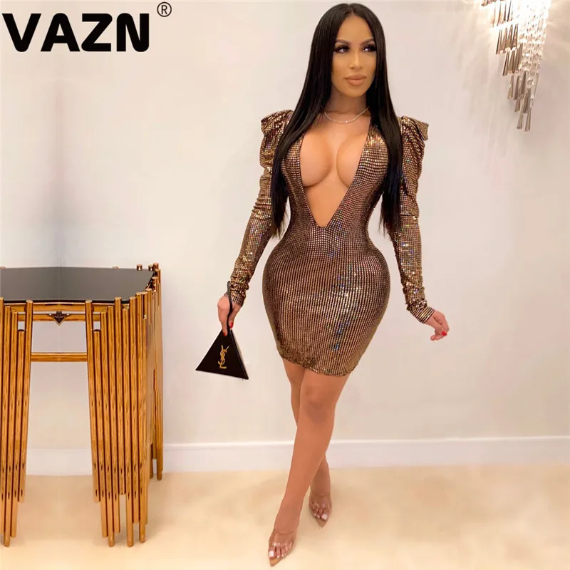 VAZN, новинка, необычное, необычное, сексуальное, вечерние, модное, глубокий v-образный вырез, длинный рукав, тонкая высокая талия, женское мини платье