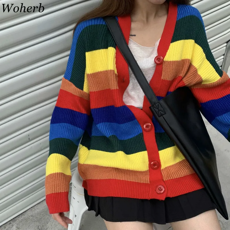 

Woherb Autumn Clothes Knit Cardigan 2019 Korean Chic Contrast Rainbow Striped Sweater Coat Girls Cute Kawaii Harajuku Cardigans