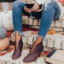 

2021 Women Boots V Cutout Ankle Boots New Winter Stacked Heel Booties Fahsion Pointed Toe Chelsea Boots PU Botas Zapatos Mujer