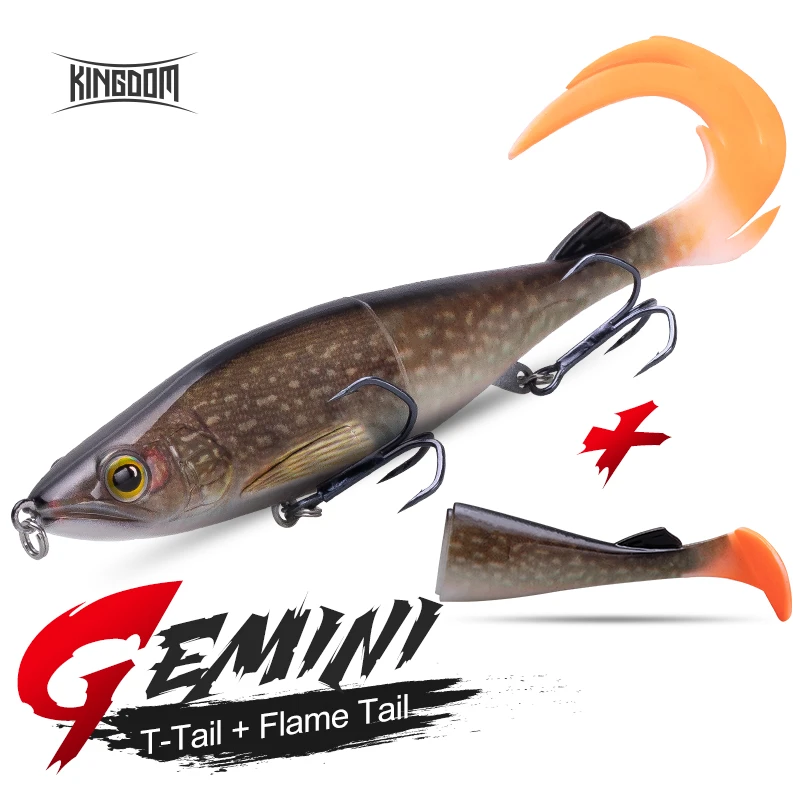 

Kingdom GEMINI Fishing Lures 14g 28g 41g Sinking Wobblers ABS Body with Soft T-Tail and Flame Tail SwimBaits soft lure for pike