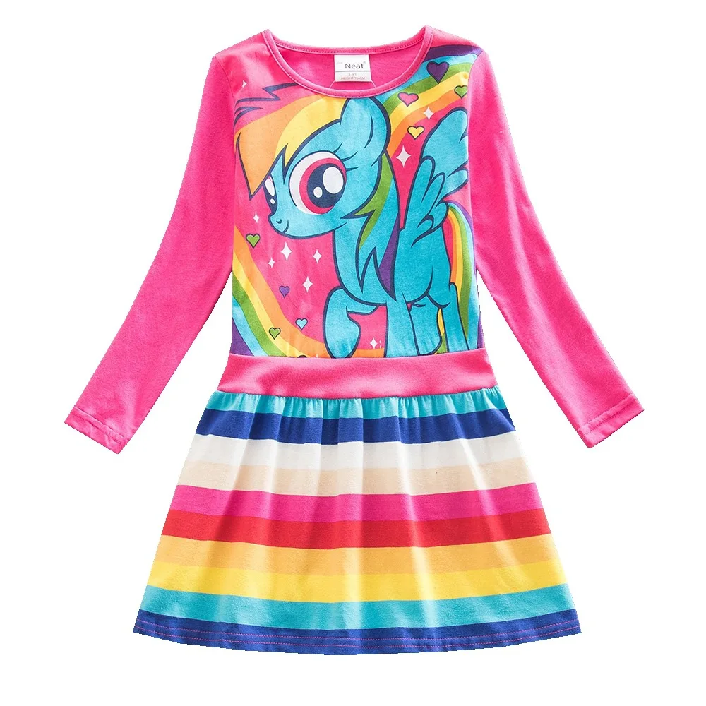 JUXINSU My Baby Girls Little Pony Cartoon Girl Rainbow Long Sleeve Dresses Pony Casual Dress Autumn Winter Home Wear 1-8 Years - Цвет: LH6218-Fuchsia-2