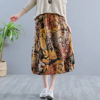 

Women Cotton linen Loose Skirt Pocket Elastic-Waist Print Warm Retro Autumn Winter Women Ladies Thicker Casual Warm Ladies Skirt