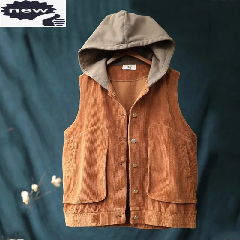 

Vintage Corduroy Vest Street Sleeveless Hooded Waistcoat Loose Fit Single Breasted Pocket Cargo Coat Harajuku Casual Tank Jacket