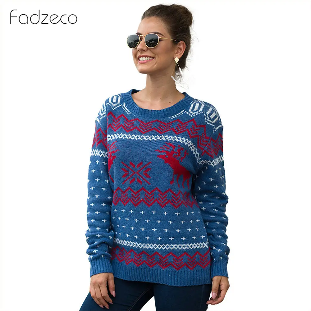 Blue Fadzeco Женский вязаный Рождественский свитер, зима-осень, теплые пуловеры, джемперы, Повседневный пуловер с длинным рукавом и рисунком оленя, топы - Color: Blue