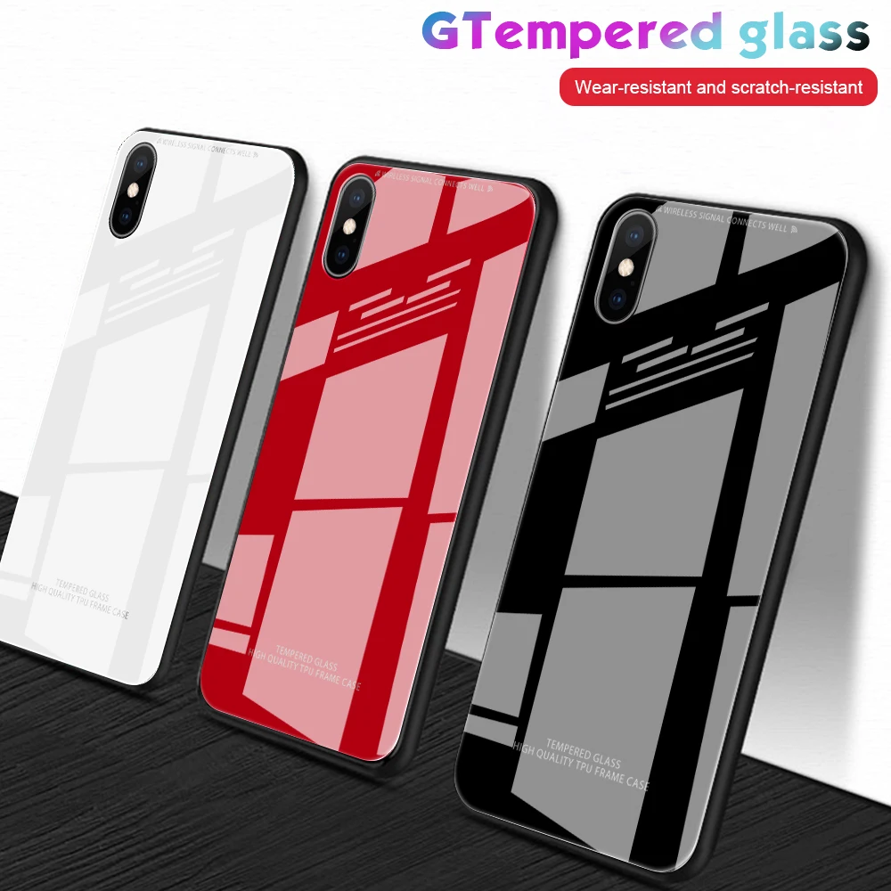 

Luxury Back Glass Phone Case For iPhone XR XS X XS Max Glossy White Black Red Case Shell For iPhone 6 6S 7 8 Plus Fashion Glass