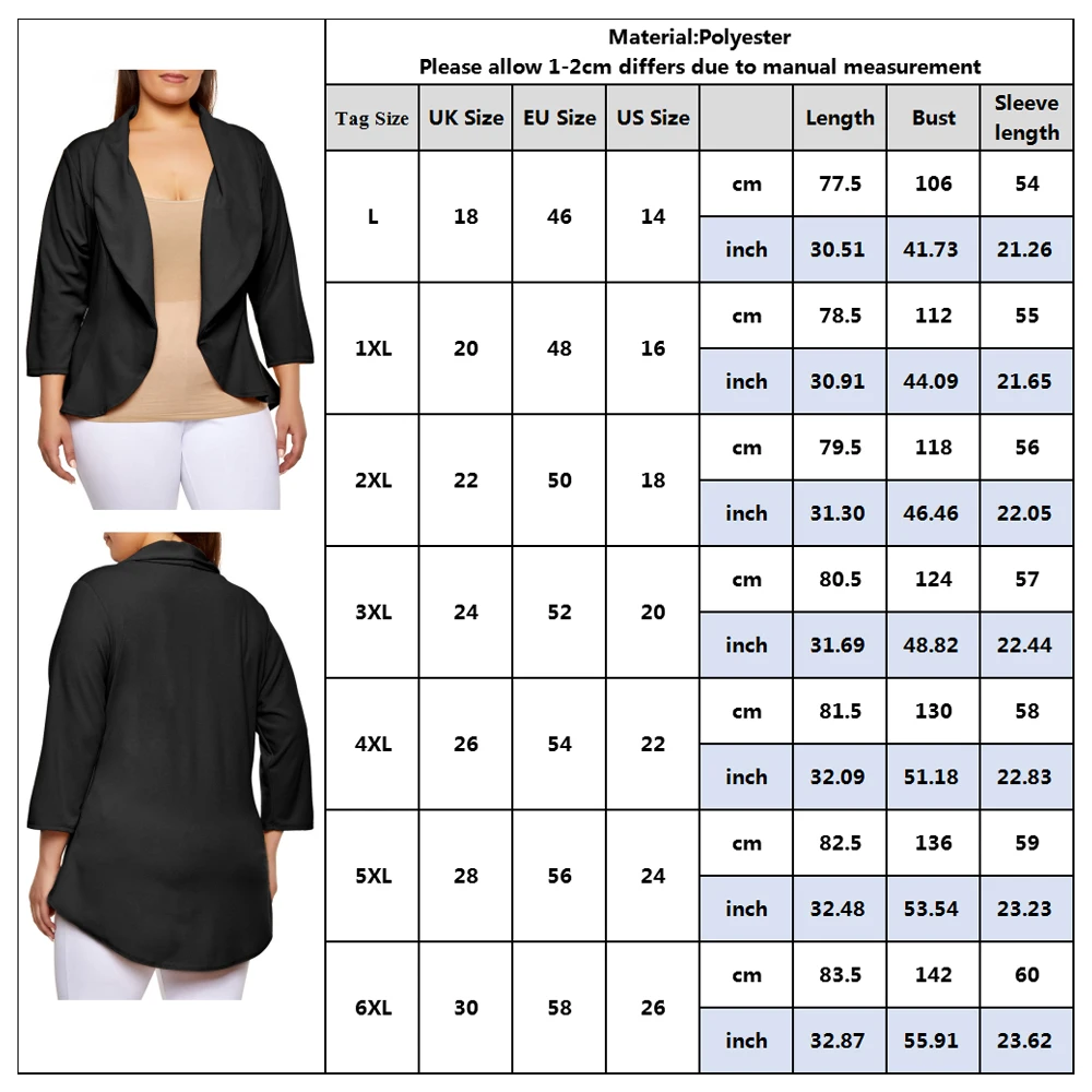 6XL размера плюс, осень, приталенный, для женщин, деловой, для офиса, для работы, блейзер, открытая спереди, зубчатый, для девушек, однотонный, черный, пальто, женский, модный блейзер