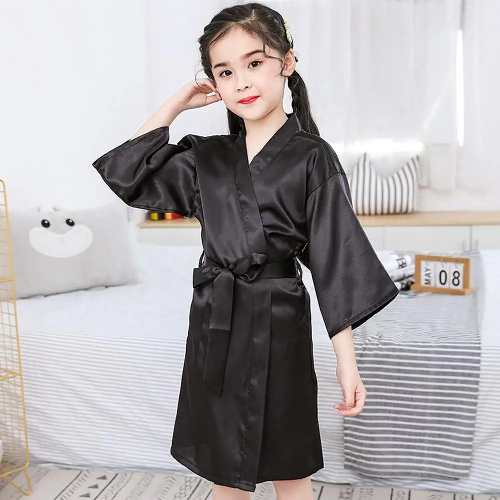 Summer Girls Silk Robe Solid Color Children Pajamas Kids Soft Bathrobe Sleepwear
