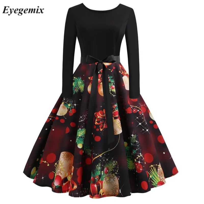 Winter Christmas Dresses Women 50S 60S Vintage Robe Swing Pinup Elegant Party Dress Long Sleeve Casual Plus Size Printed Black | Женская