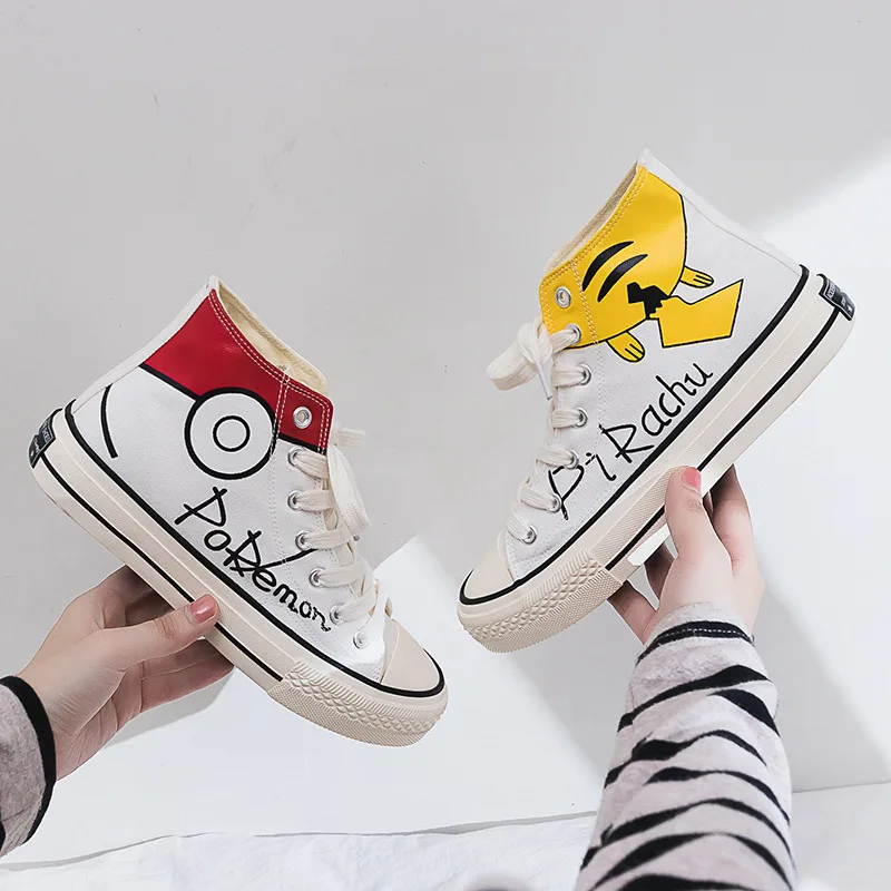 

High help hand-painted shoes Pikachu canvas shoes women fall 2019 new shoes white shoe breathable graffiti comics