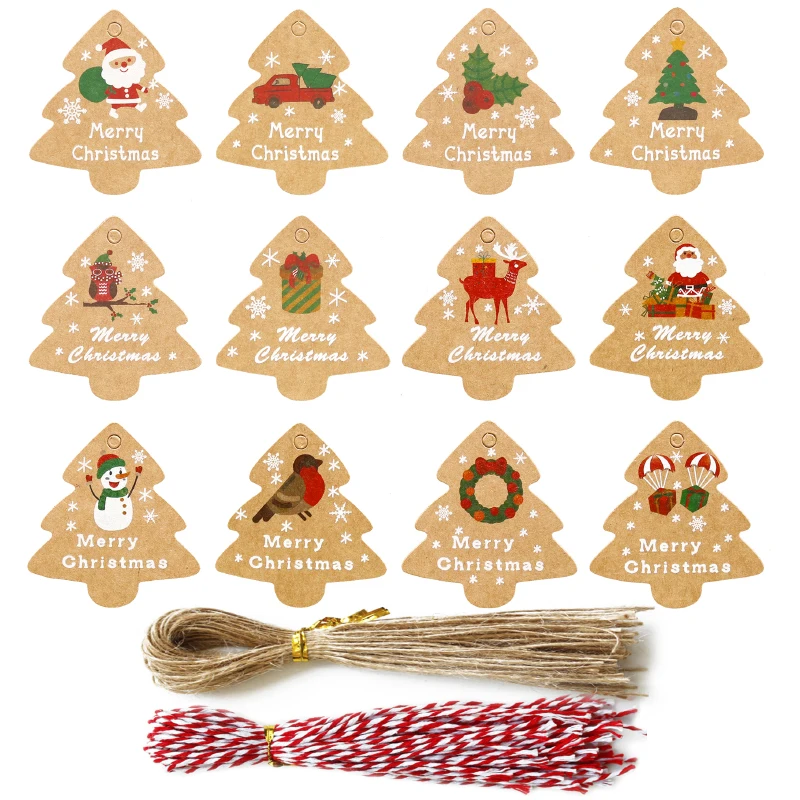 

48sets Merry Chirstmas Kraft Gift Tag Xmas Tree Decoration Tag 12 Cute Designs Santa Claus Snowman Owl Packing Label