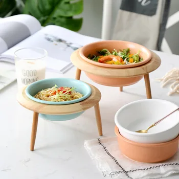

Creative Large Capacity Salad Plate with Wooden Shelf 800ml 480ml Ceramic Fruit Plate Show Plate for Party in Restaurant
