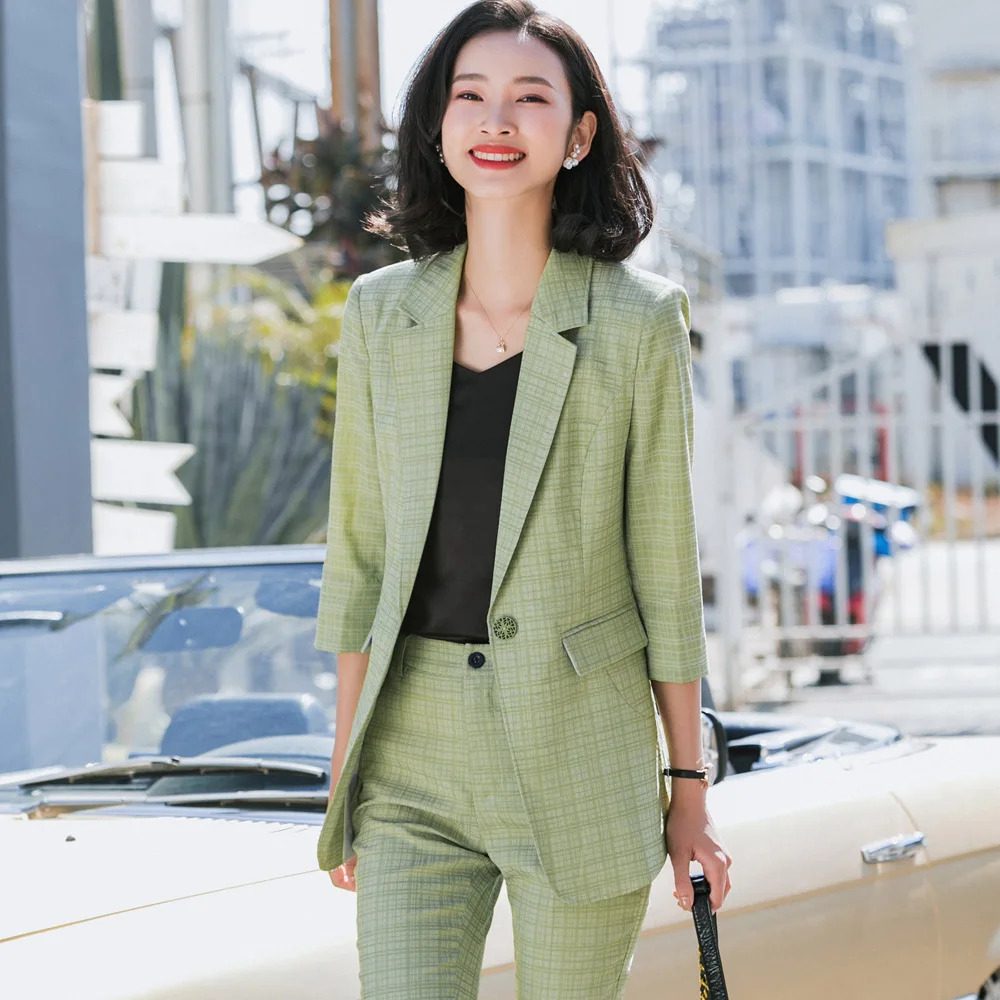 

2020 Spring Fashion Business Wear Women's Autumn Half Sleeve Jacket Suit Yellow Two-piece Blazer Pant Office Sets